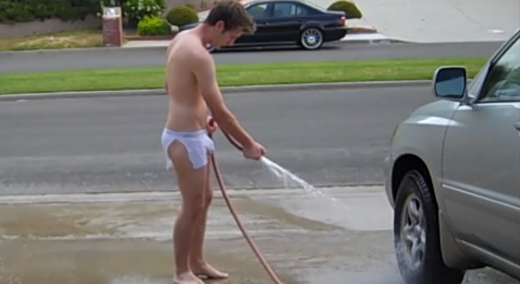 Washing Car in pubic in white underwear