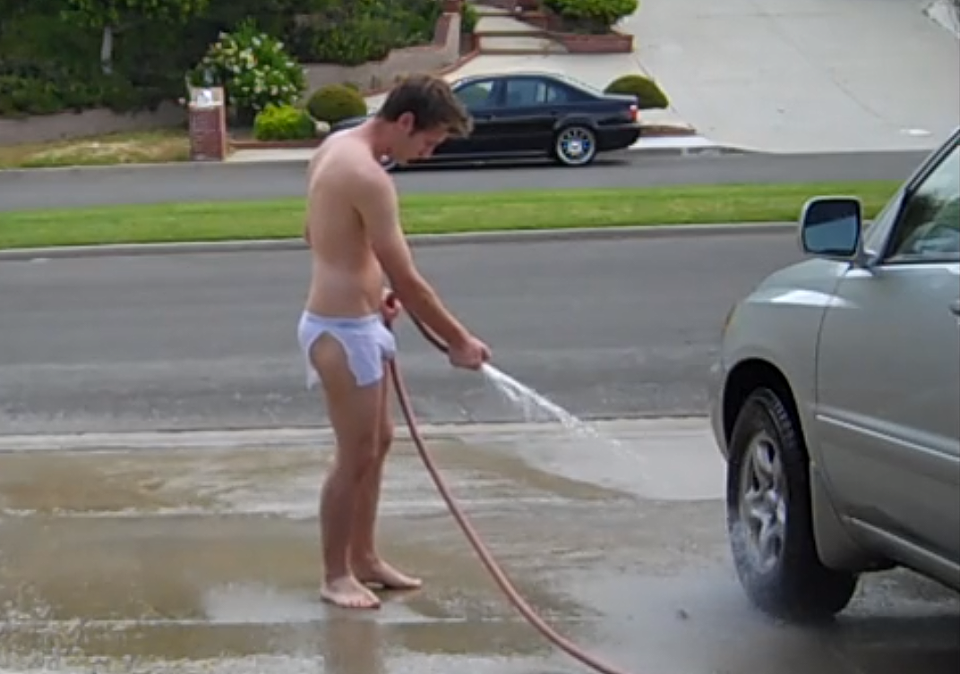 Washing Car in pubic in white underwear